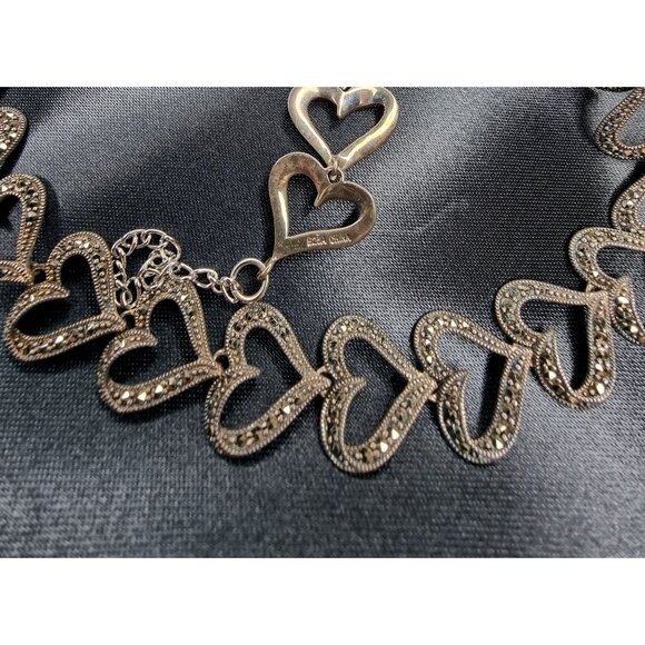 Vintage 1990s Marcasite Sterling Silver 925 Heart Link Necklace - Picture 6 of 6